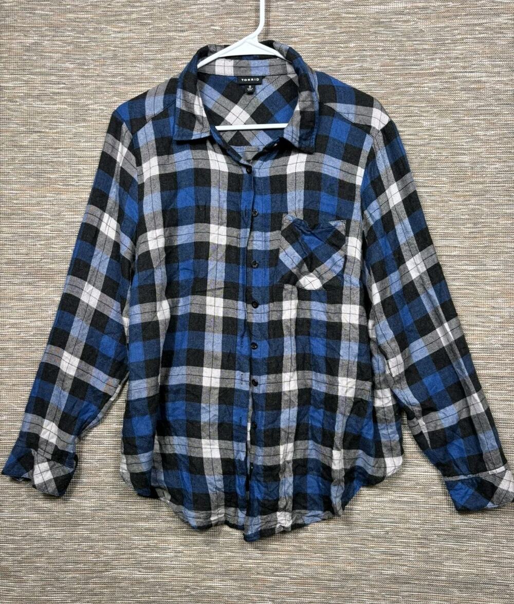 Torrid Button Up Plaid Shirt Womens Size 0 (Large) Blue Black Long Sleeve